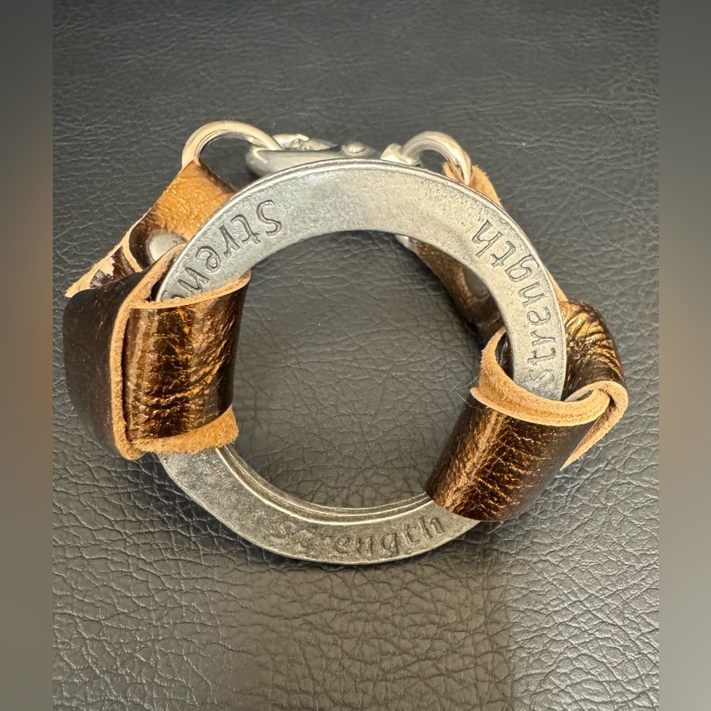 Rare! Cynthia H. Leather Bracelet w/ STRENGTH On Round Metal